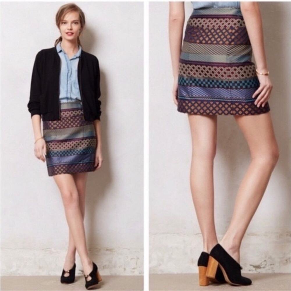 Anthropologie Maeve Audra Jacquard Metallic Geometric Tribal Mini Skirt Size 6